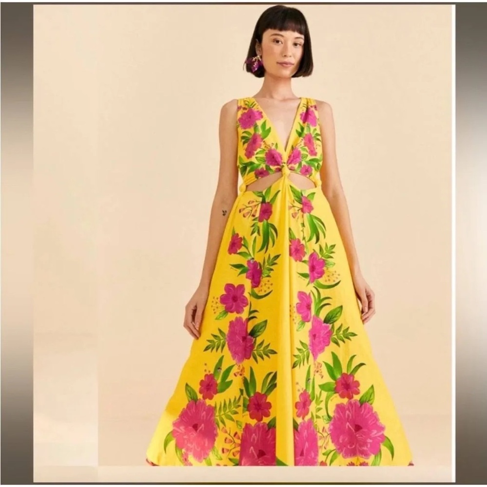 FARM RIO SIZE XSMALL Romantic Garden Knotted Cutout Waist Linen-Blend Midi dress